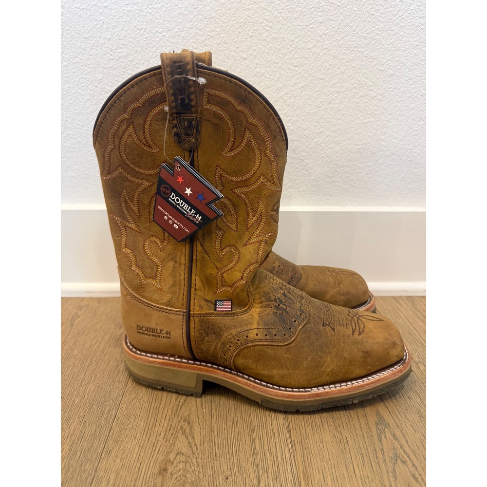 Double-H DH3567 Dwight Steel Toe Western Work Boots Brown Leather Men 9.5 2E USA